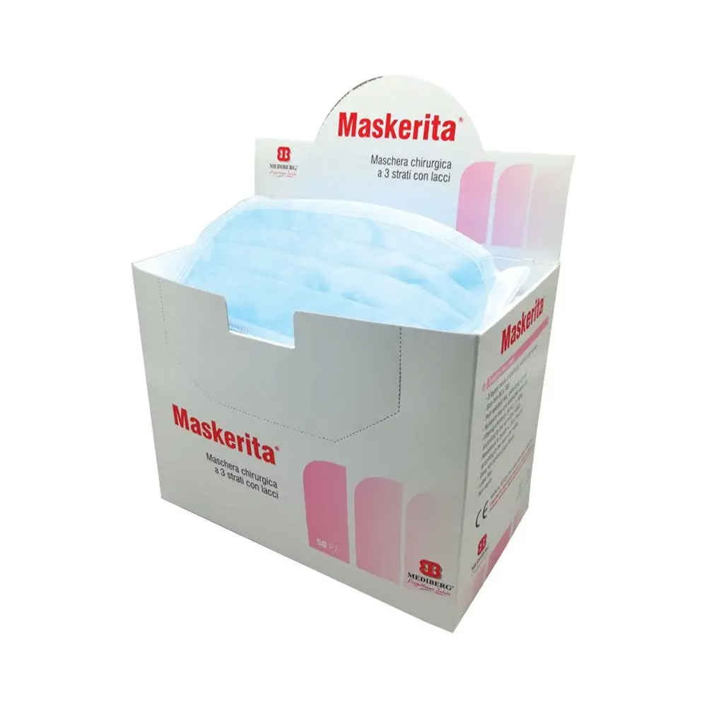 Maschera Chirurgica "Maskerita" in TNT Ipoallergenico Azzurro 3 Strati con Lacci 50 pz